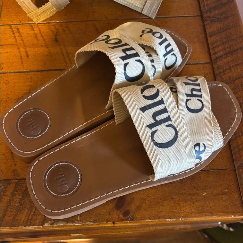 Chloé Woody Flat Logo Ribbon Slide Sandals